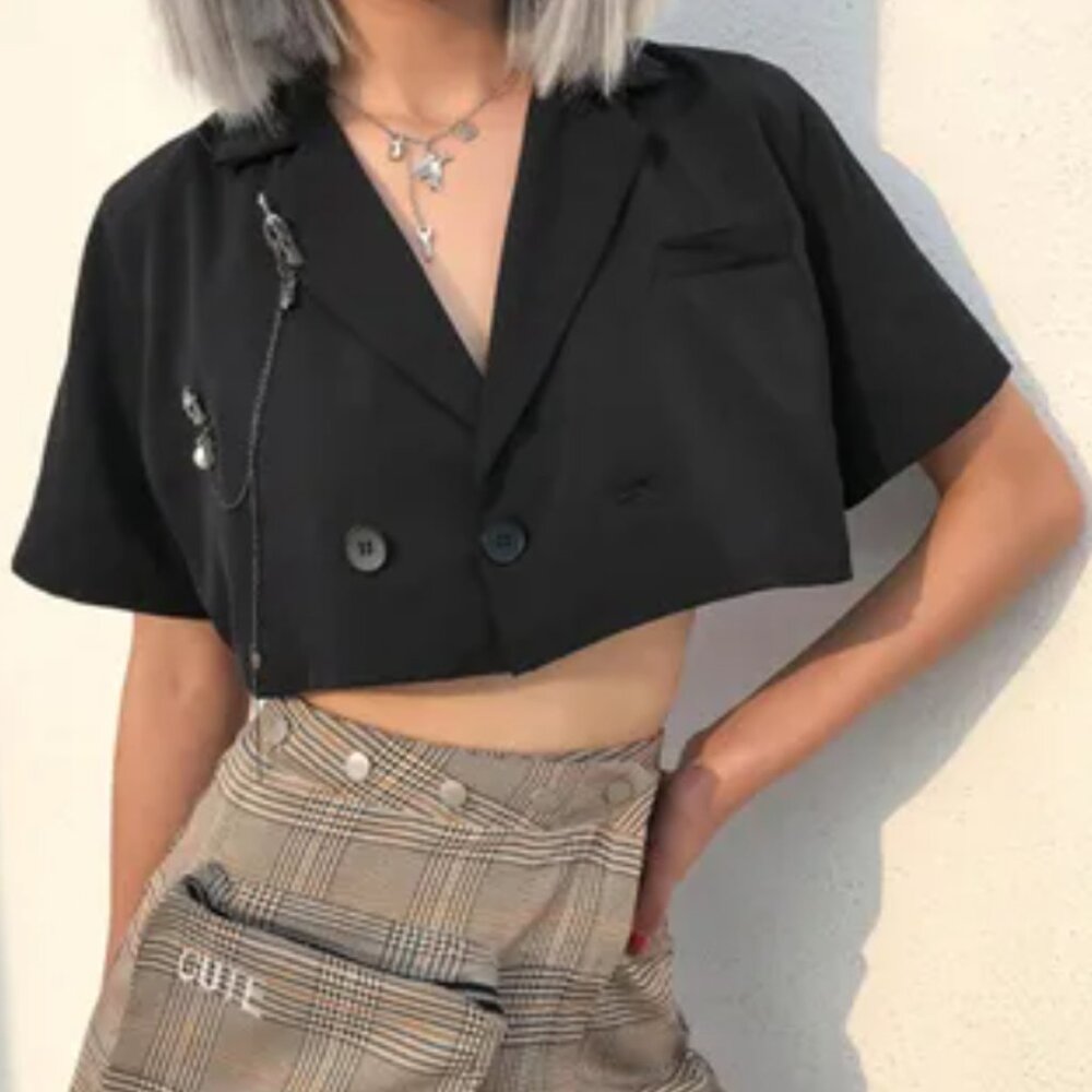 YesStyle Gray Crop Blazer Shirt Top with Jewel Embellishment, Size Small